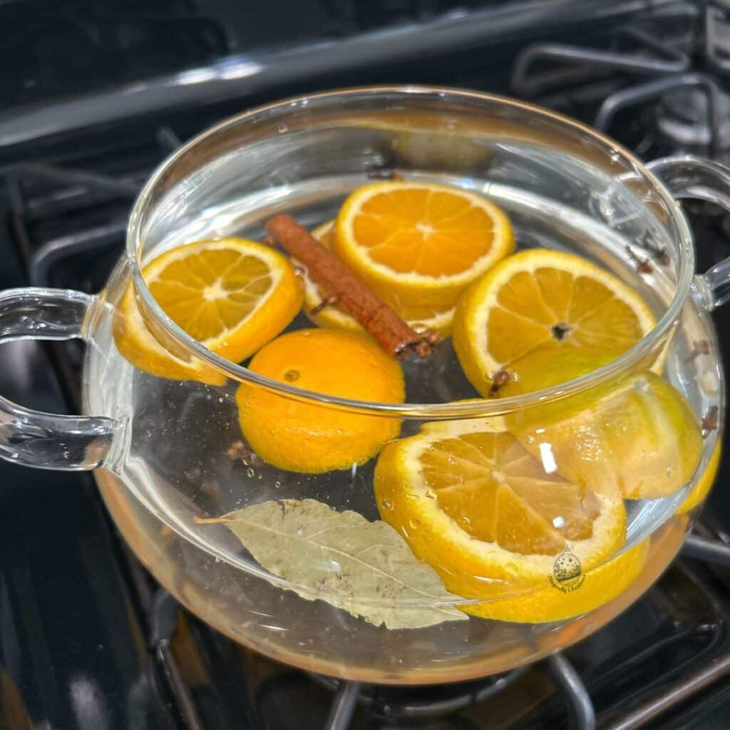 A simmer pot with orange slices, cinnamon stick and bay leaf in water.