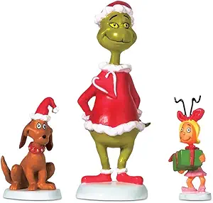 An image of the Department 56 Grinch with his dog Max and Cindy Lou Who.