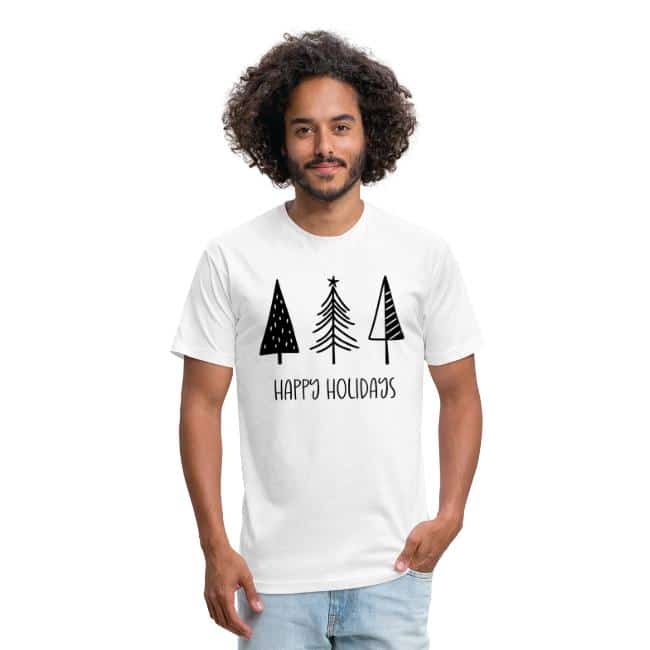 A white Christmas shirt that says Happy Holidays in black writing on it.