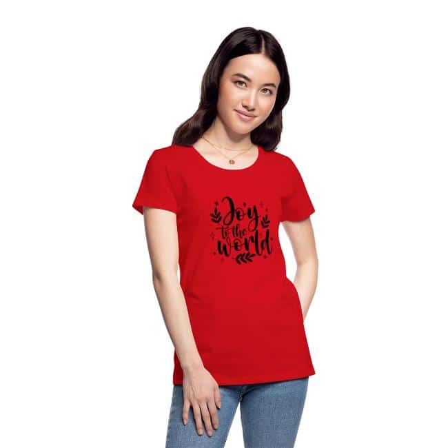 A red Christmas shirt with the words Joy To The World on it.