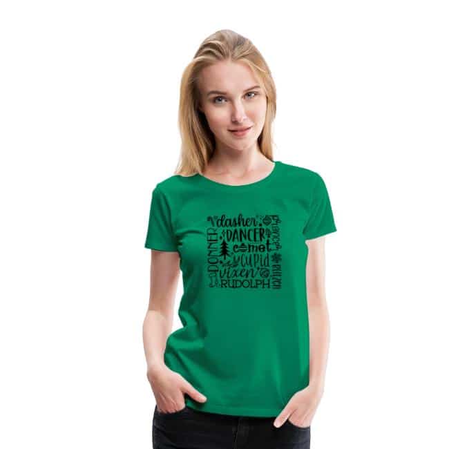 A festive green holiday shirt with all of Santa's reindeer names on it.
