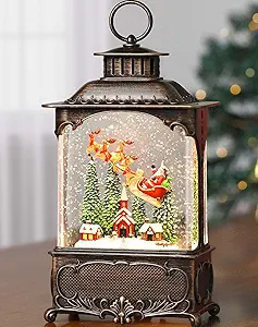 A festive lantern that lights up of Santa in his sleigh with the reindeer.