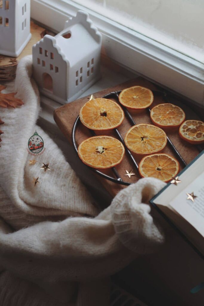 A rack with dried orange slices on it and some small houses next to it.