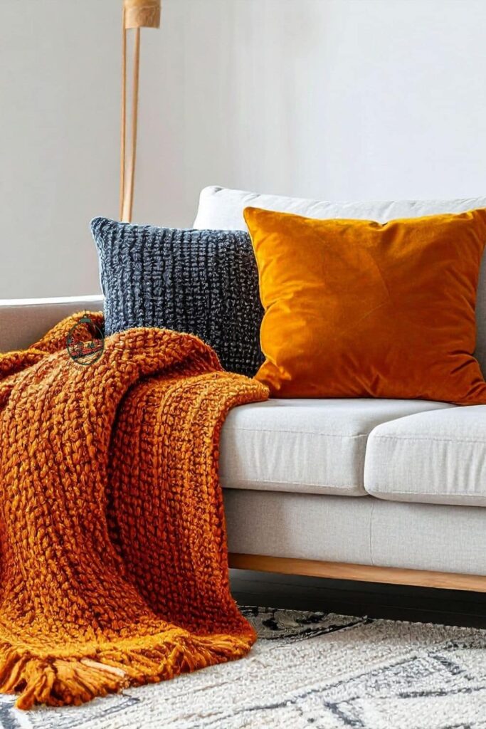 A couch with cozy Halloween pillows and a blanket on it.