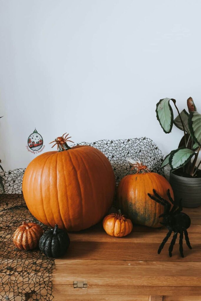 Two large pumpkins with spider and spider webs around it.