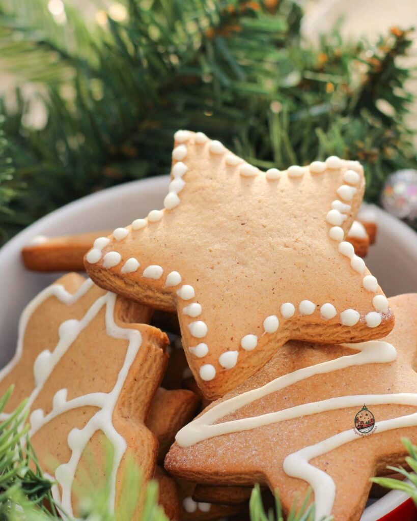 Christmas star cookies in a bowl.