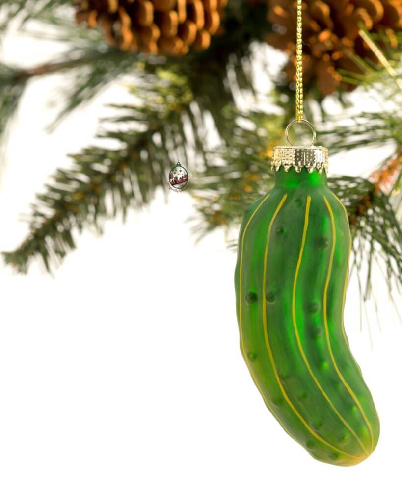 A Christmas pickle ornament hanging from a tree branch.