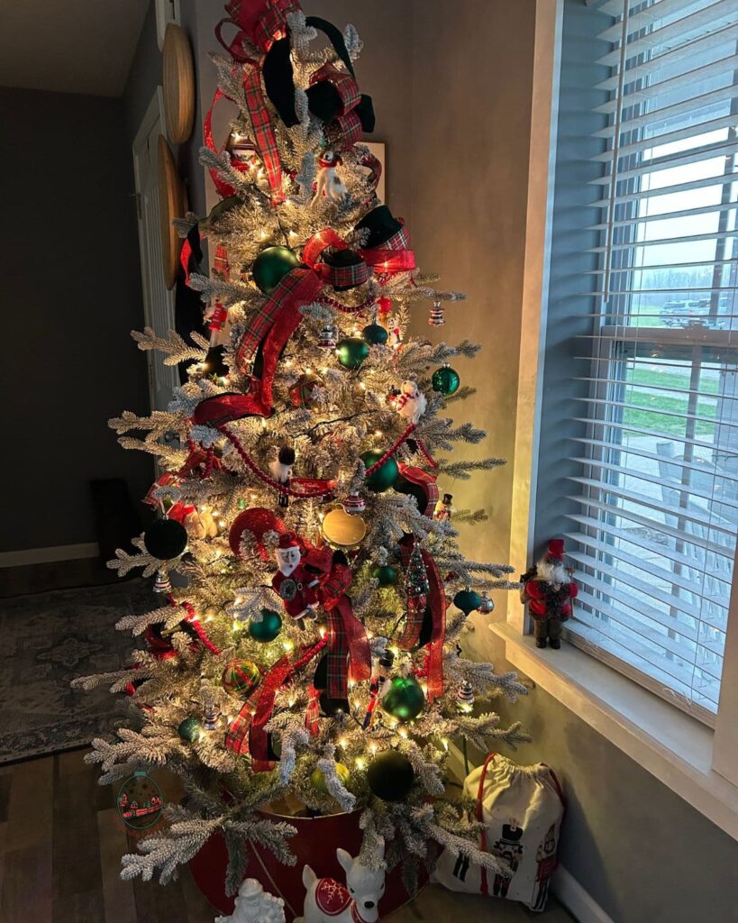 A fun looking Christmas tree that is lit up.