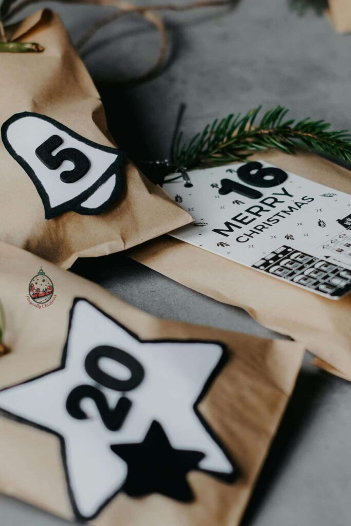 Little brown bags with a start that has a number on them for a Christmas countdown.